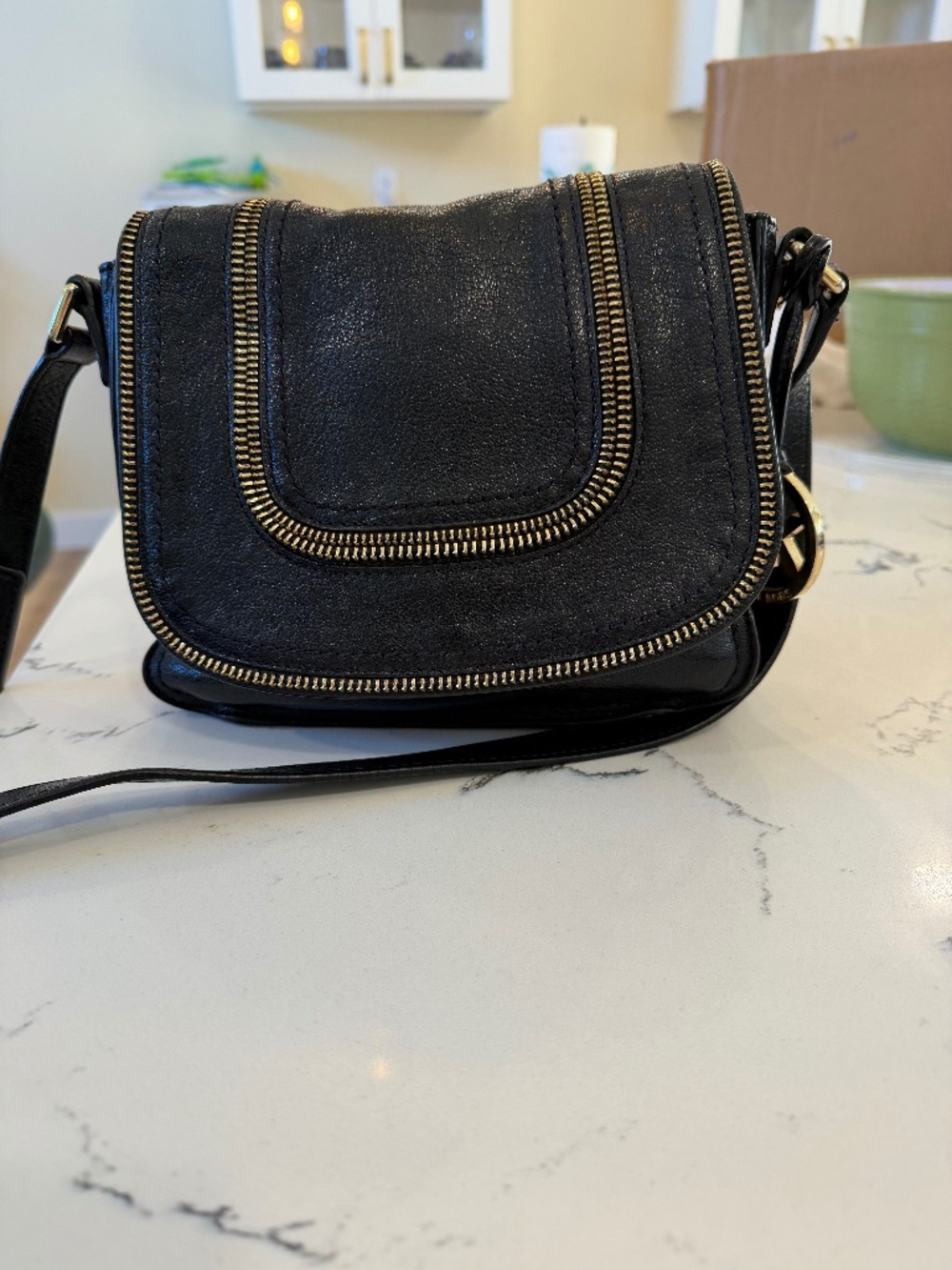 Michael Kors Black Leather Crossbody Bag Gold Zipper Trim MK Charm